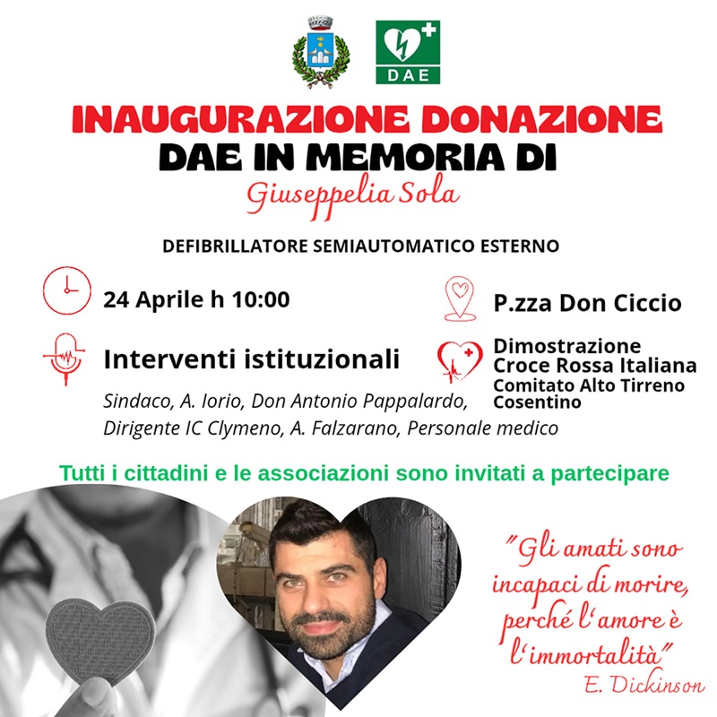 Tortora. “In memoria di Giuseppelia Sola”. Giovedì 24 Aprile donazione di un defibrillatore all’Ente