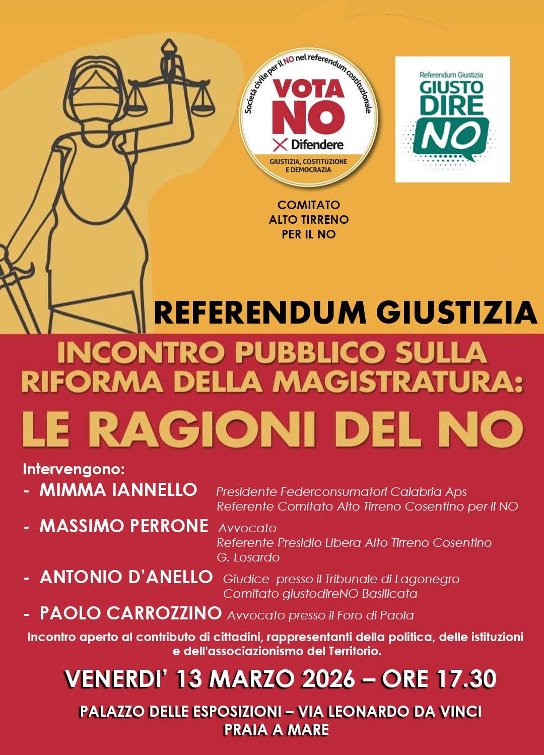 Praia a Mare: venerdì 13 marzo  Iniziativa pubblica a sostegno delle ragioni del No sul Referendum sulla giustizia